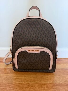 Michael Kors Brown Logo Backpack with Pink Trim and Gold Hardware